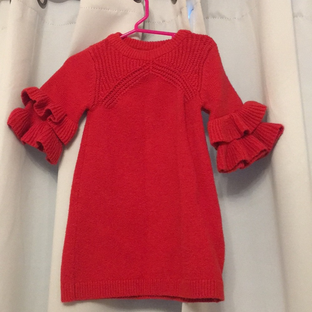 Red ruffle sleeve sweater dress